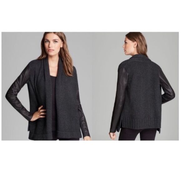 Vince. Lamb Leather Sleeve Draped Wool Sweater Jacket Slate Grey black small - Picture 7 of 7